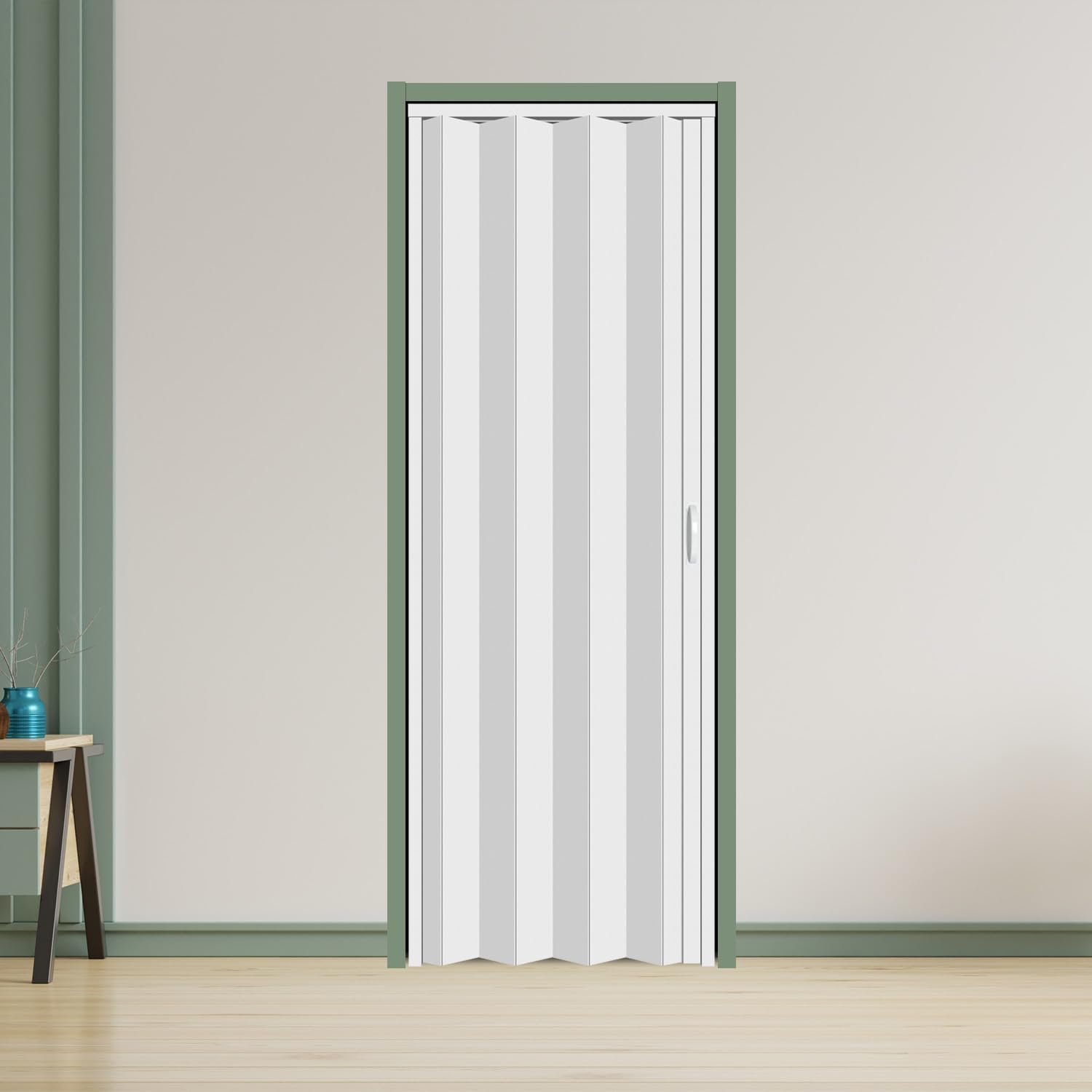 30×80in PVC Internal Accordion Folding Door, Multifold Sliding Door for Closet, White in Color, with Installation Hardware; Handle; Latch. White 30*80 in