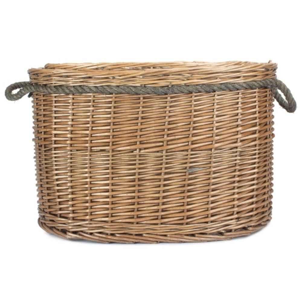 Czerwony kosz duży owalny z uchwytem z drewna z rączką, wiklina, brązowy, wys. 38 x szer. 58 x gł. 38 cm