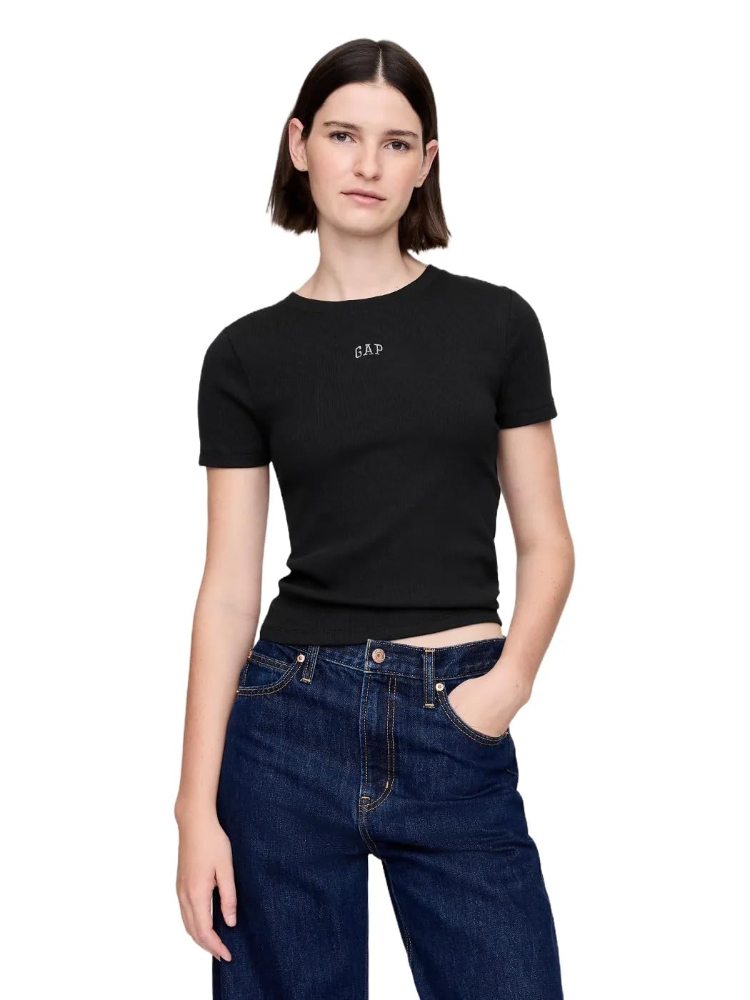 Gap Women's Ribbed Crewneck Tee T-Shirt, Black, XXL