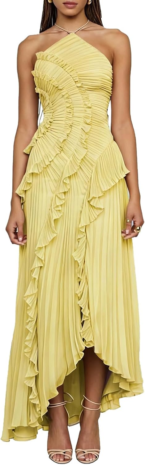 olrain Women's Elegant Pleated Chiffon Dress Sleeveless Halter Neck Ruffle Tiered Long Gown for Wedding Guest Party Formal