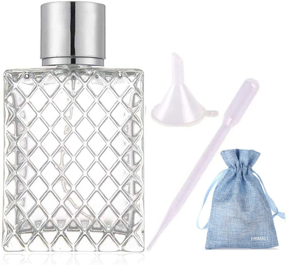 JJKMALL 100ML 3.4oz Glass Spray Bottles for Essential Oils, Perfumes, Empty Clear Mist Spray Bottle with Silver Aluminum Sprayer - (1Pack) 1pc Funnel Filler 1PC 3ml Dropper 1pc Storage Gift Bag