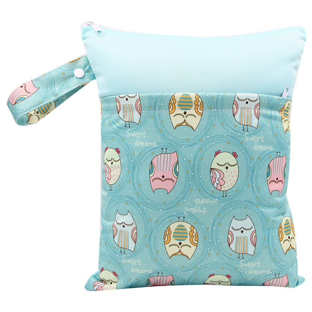 Treer Dry Wet Bag Baby Nappy Organizer Bag Large Double Zipper Reusable Waterproof Cute Animals Print Baby Carriage Hanging Bag, for Soiled Baby Items or Wet Clothes Storage (Cute Owl)