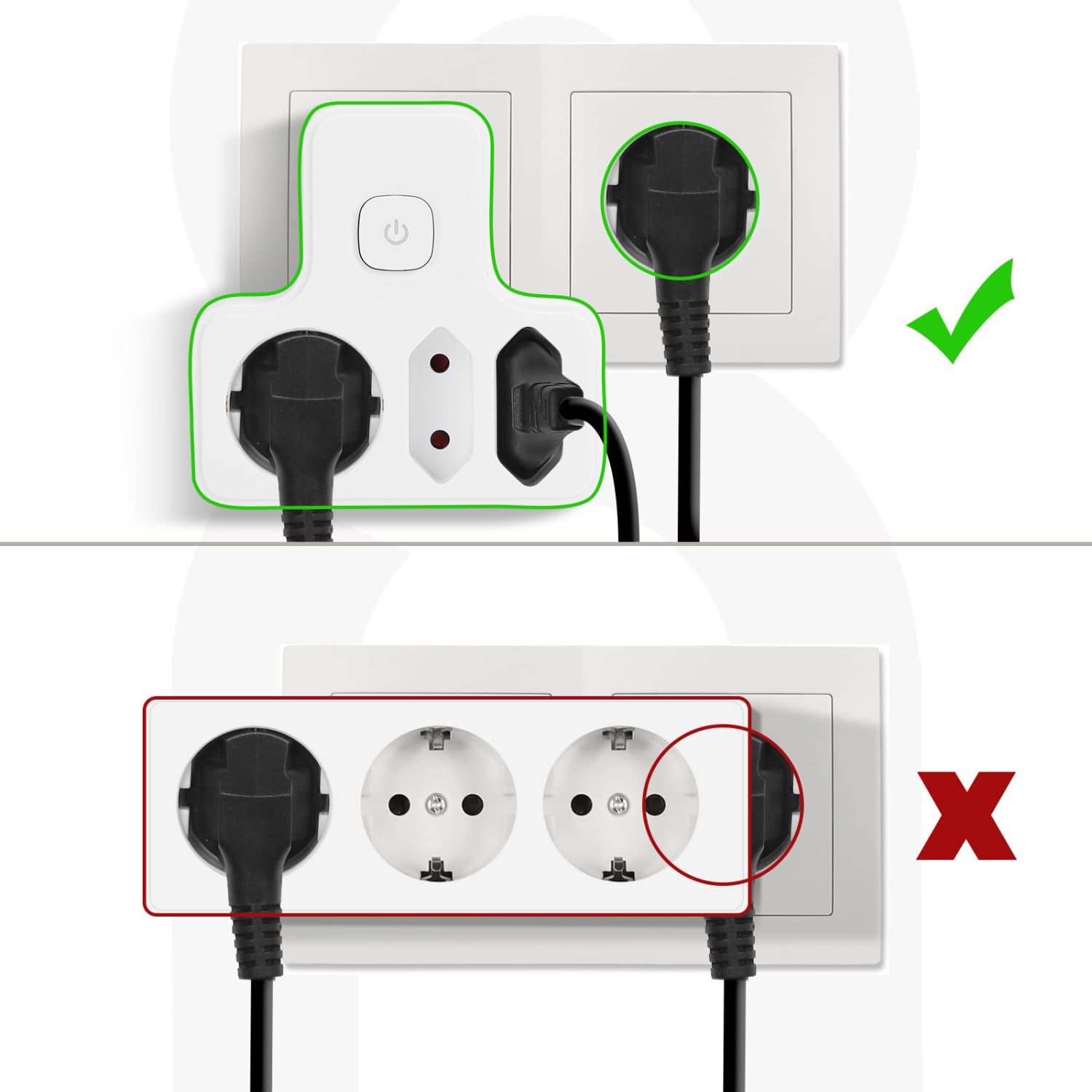 Adapter gniazdkowy Aigostar z przełącznikiem, 3 gniazda, adapter gniazdkowy z zabezpieczeniem przed dziećmi, 1 Schuko, 2 wtyczki EU, biały