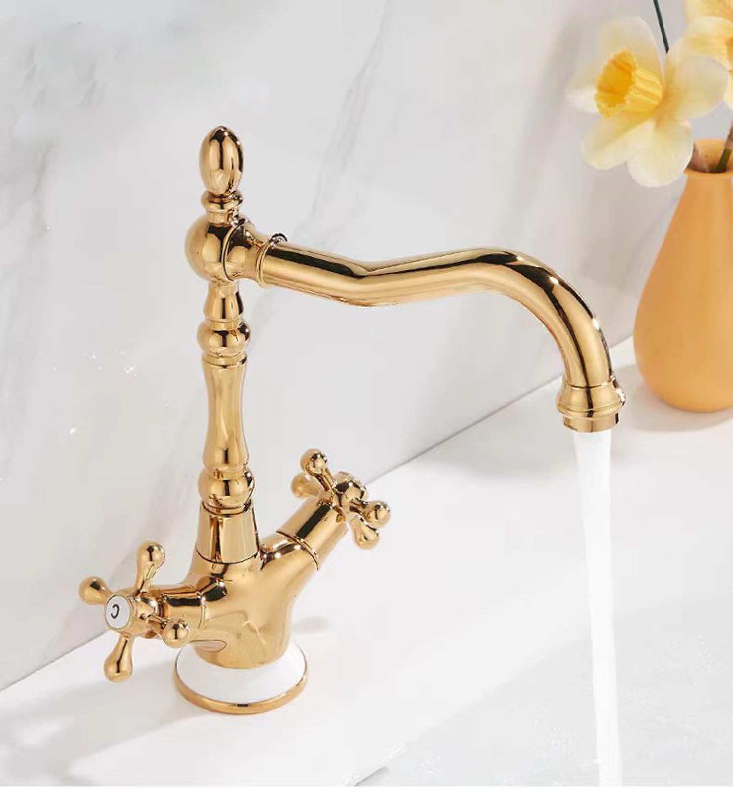 Fanjubei Golden Bathroom Copper Double-Handle Hot And Cold Rotating Basin Faucet, Gold