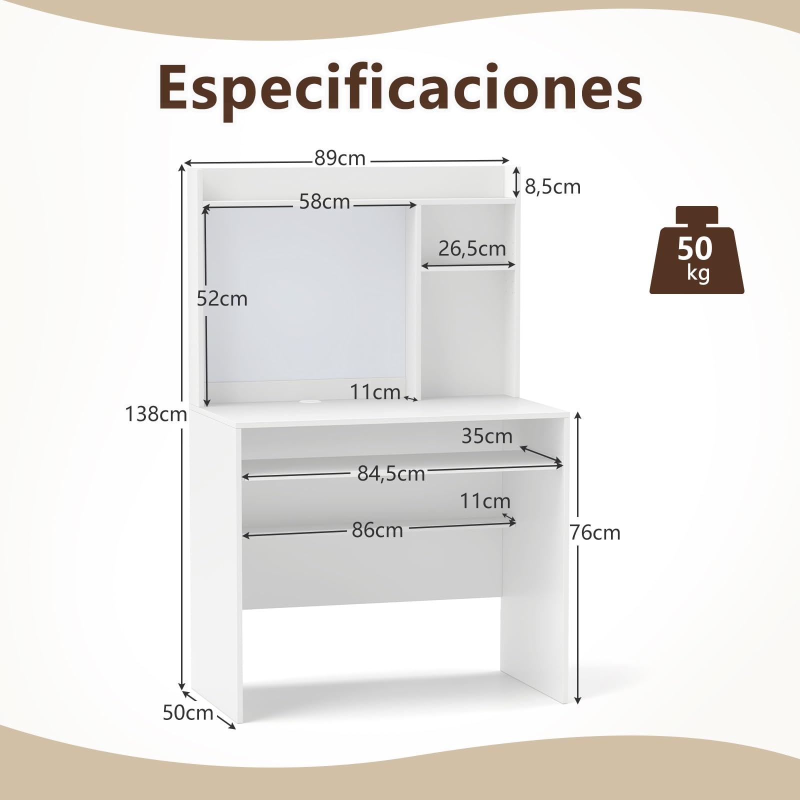 COSTWAY Escritorio con Tablero Magnético, Mesa Escritorio Blanca con Estantes Ajustables, Bandeja para Teclado, Escritorio Juvenil 89 x 50 x 138 cm (Blanco)