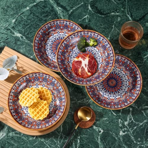 Image of Ceramic Pasta Plates, Shallow Serving Plate with Blue & Orange Mandala Design, Wide Rim Dinner Bowl for Pasta, Salad, Soup, Snacks & Desserts, Elegant Tableware (Mandala Pattern, Pack of 4)