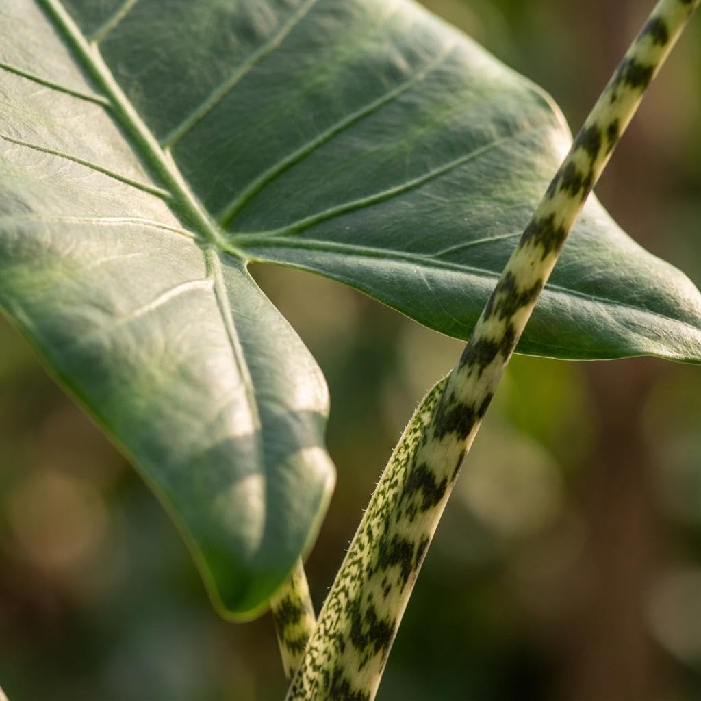 Alocasia Zebrina Oreja de elefante – Planta de interior 70-75 cm – 21 cm con cesta de algas marinas – Planta verde tropical – Planta decorativa para salón y oficina