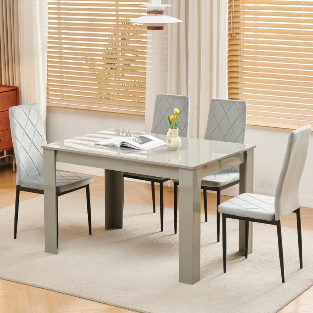 Menaka Wood Dining Table and Chairs Set of 4, Small Rectangular Kitchen Dinner Table with 4 Seaters (argyle grid grey velvet chairs, 120m high gloss pure grey table, 4 seaters)