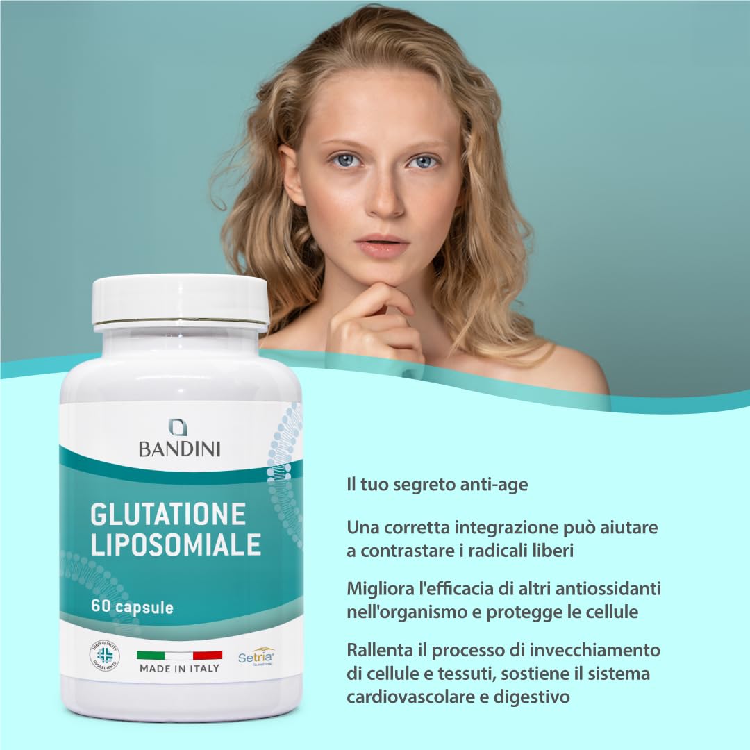 Bandini® Glutatione Liposomiale 60 Capsule | 250mg L-Glutatione Setria Ridotto e Bioattivo da fermentazione | Antiossidante e Anti Invecchiamento - Contrasta I Radicali Liberi | Senza OGM, 100% Vegan