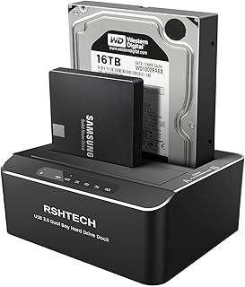 Hard Drive Dock, RSHTECH Aluminum USB 3.0 to SATA Dual Bay External Hard Drive Docking Station for 2.5 & 3.5 inch SATA HDD SSD with Offline Clone/Duplicator Function, Support UASP & 2x16TB (RSH-DS01)