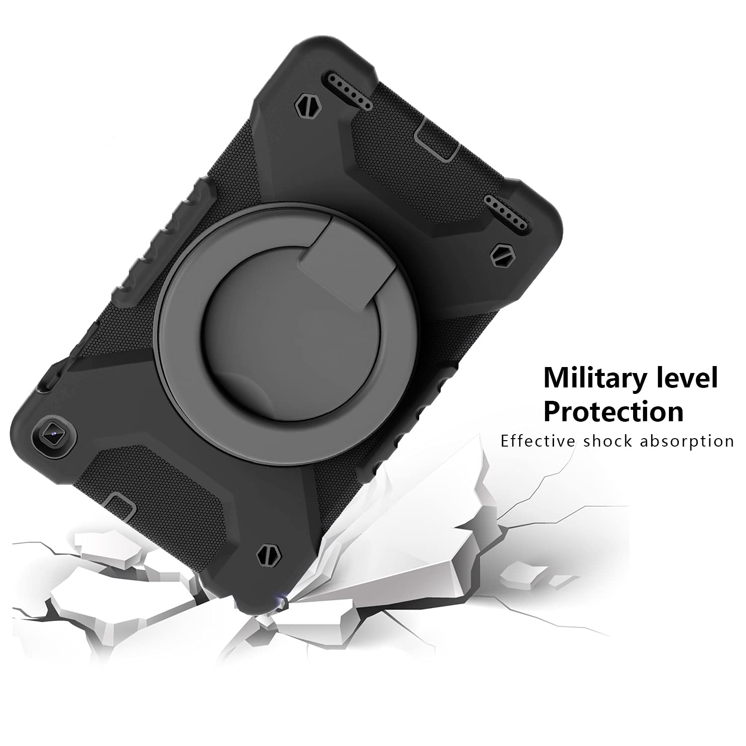 Compatibile con Samsung Galaxy Tab A 10.1 modello 2019 SM-T510 / T515, resistente custodia per tablet con supporto e manico girevoli a 360°, tracolla staccabile (design adatto ai bambini) (nero grigio