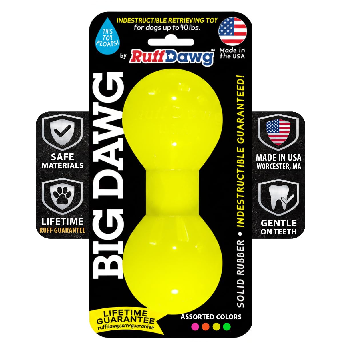 Ruff Dawg Big Dawg Barbell Medium Yellow – Jouet à mâcher robuste en caoutchouc solide pour chiens de petite et moyenne taille de moins de 18 kg – Flotte et rebondit – Fabriqué aux États-Unis