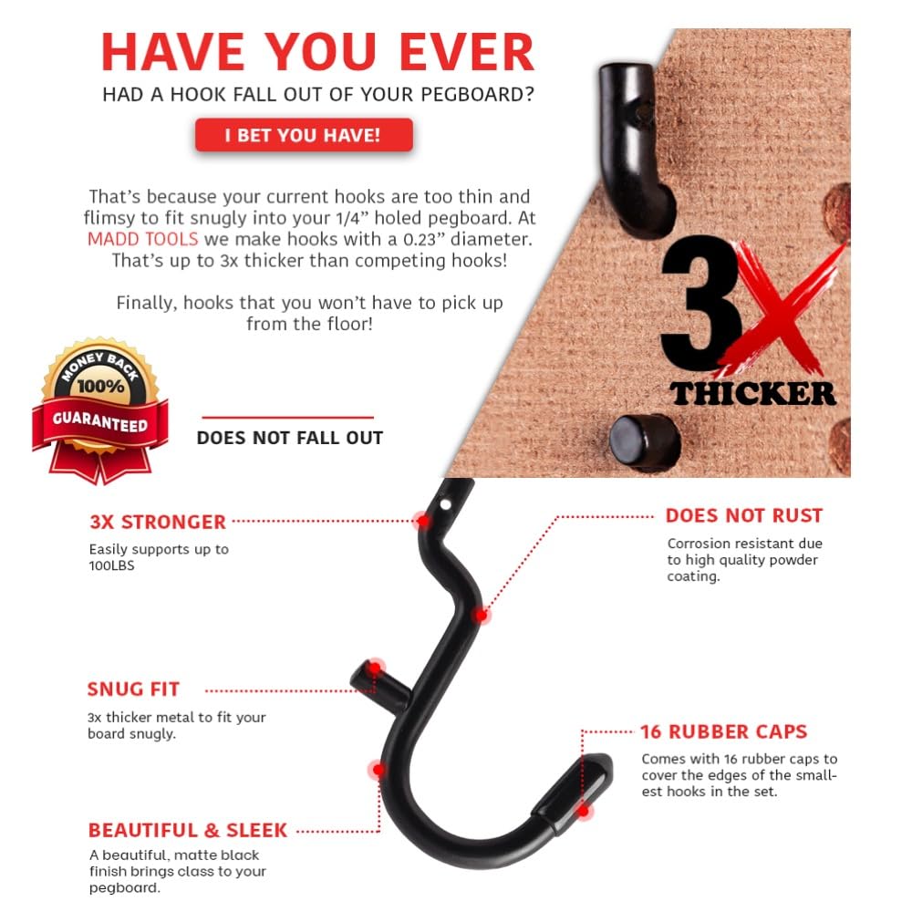 Amazon | 超厚手 ブラック 1/4インチ ペグボードフック 吊り下げツール
