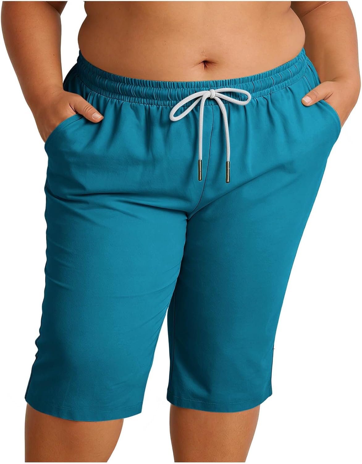 Plus Size Bermuda Shorts for Women Knee Length Pants Summer Casual Elastic Drawstring Waist Shorts Beach with Pockets