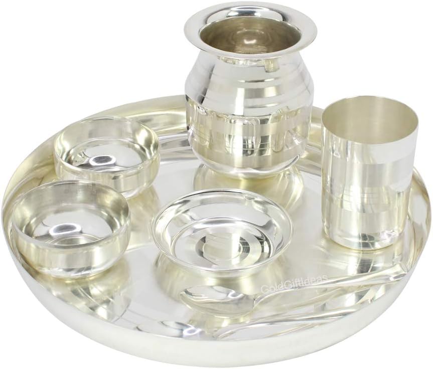 GoldGiftIdeas 12 Inch Silver Plated Dinner Set for Home, Dinnerware Set for Kitchen with Marwari Lota, Silver Dinner Thali Set, Buffet Dinner Set, Occasional Gift