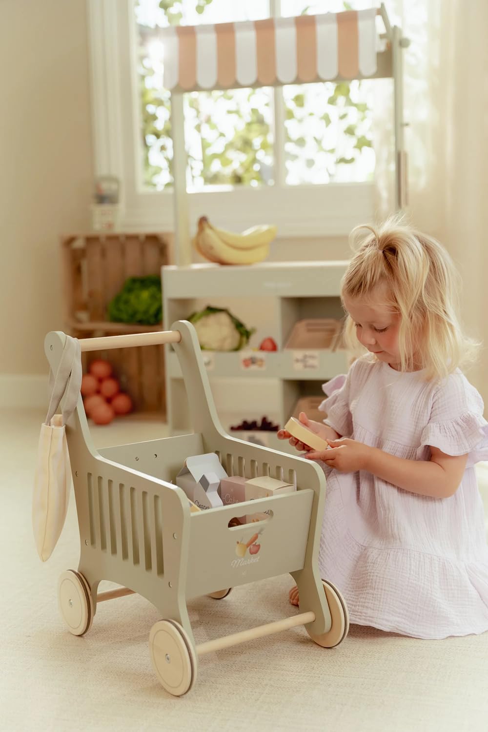Little Dutch Einkaufswagen inkl. Einkaufstasche und Lebensmitteln aus Holz für Kinder - Mint
