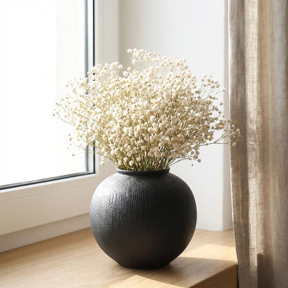Small Blak Ceramic Vase - 6.1 Inch Small Black Round Vase, Rustic Farmhouse Vase for Home Decor, Dining Table, Shelf, Bedroom, Living Room, Kitchen, Office, Bathroom, Mantle, Centerpiece Décor