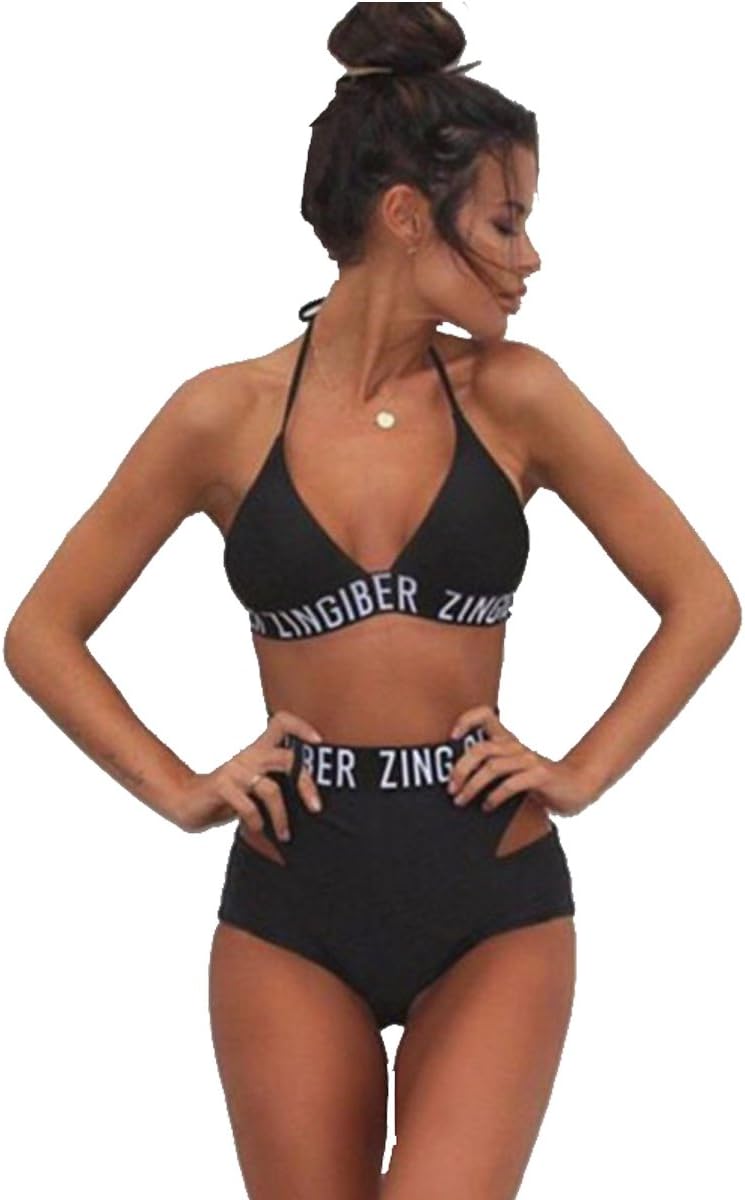 KisspromCute Tie Up Halter High Waist 2 Pieces Bikini Swimwear for Girls Letter Printed Beachwear for Teens