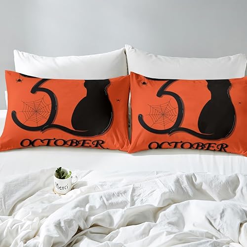 Miniatura 5 de Juego de sábanas de Halloween tamaño matrimonial, juego de sábanas de gato negro para niños y niñas, sábanas de Halloween con bolsillo profundo,