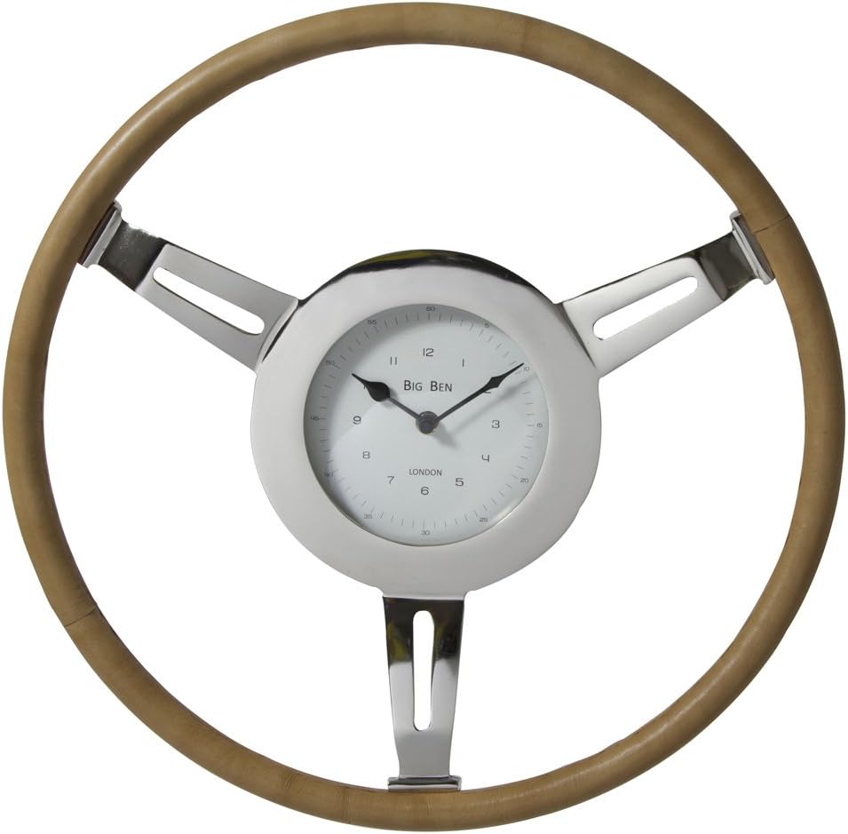 LightMakers 6259419 Light Makers The Kane Wall Clock, 46cm/6-Inch, Nickel/Tan Leather