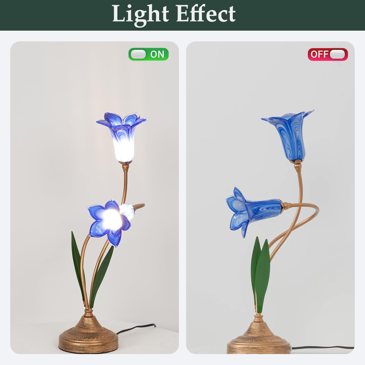 Skyblaze Classic Style Table Lamp with Flower Glass Shade, Elegant Flower Night Light, Art Deco Accent Table Lamp for Bedroom Living Room (Blue, 2 Lights)