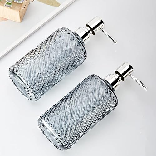 Dispensador de jabón de vidrio de 16 onzas con bomba de agua de color plateado, diseño de diamante, dispensador de jabón de baño para jabón de