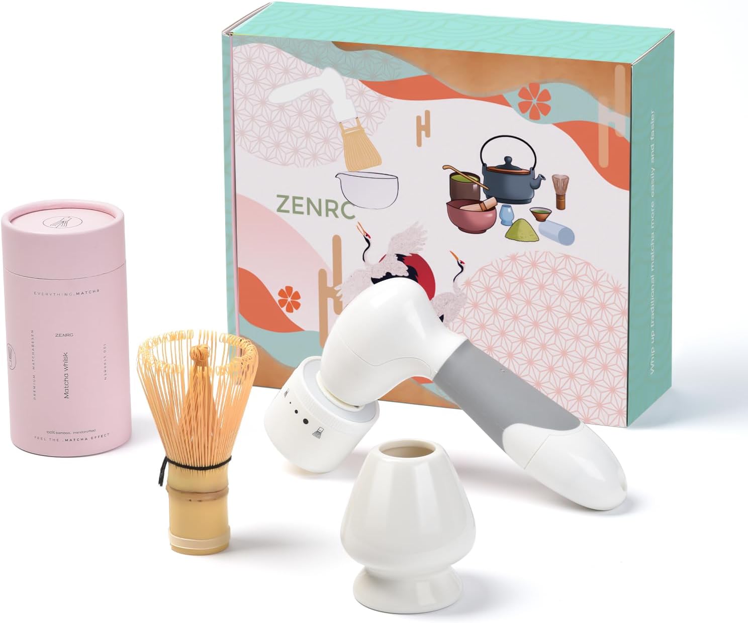 Matcha Whisk Mate Electric Powered and Bamboo Matcah Chasen Set – Whisking Traditional Matcha Easily – Battery Portable Matcha Stirer Mixer Tea Machine Nice Matcha Set Gift Kit (White-Mate-3)