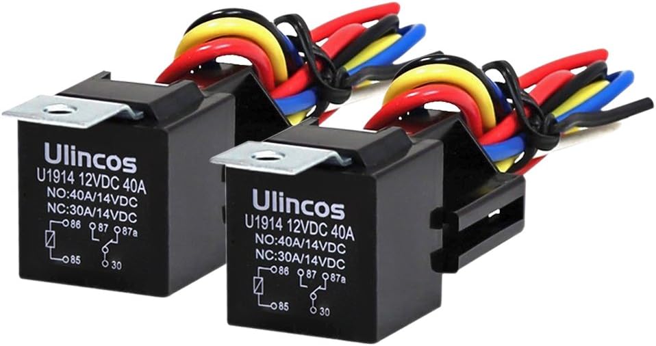 Auto Relay U1914 with 14AWG Wire Harness, 12V DC 30/40A SPDT 5-Pin (Pack of 2)