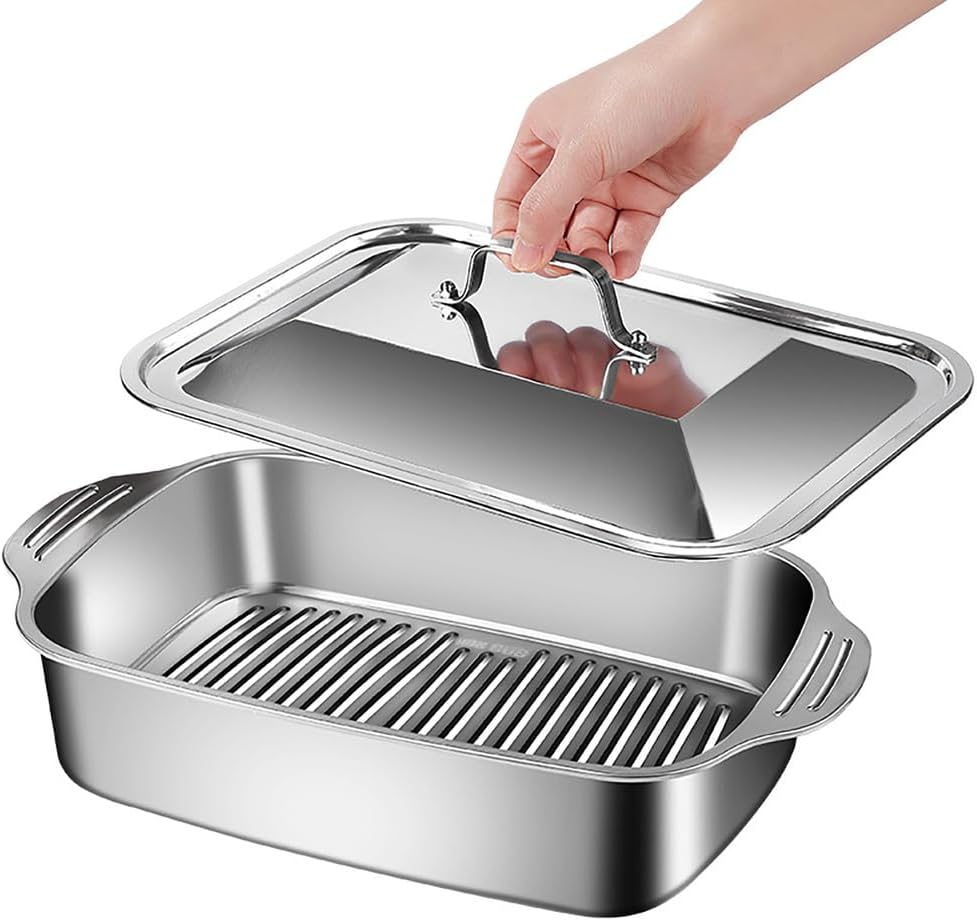 Stainless Steel Rectangular Deep Roasting Paella Pan With Lid,Stainless Steel Skillet Pan With Dual Handles,rying For Fast & Even Heating, For Camping, Parties(Flat Bottom)