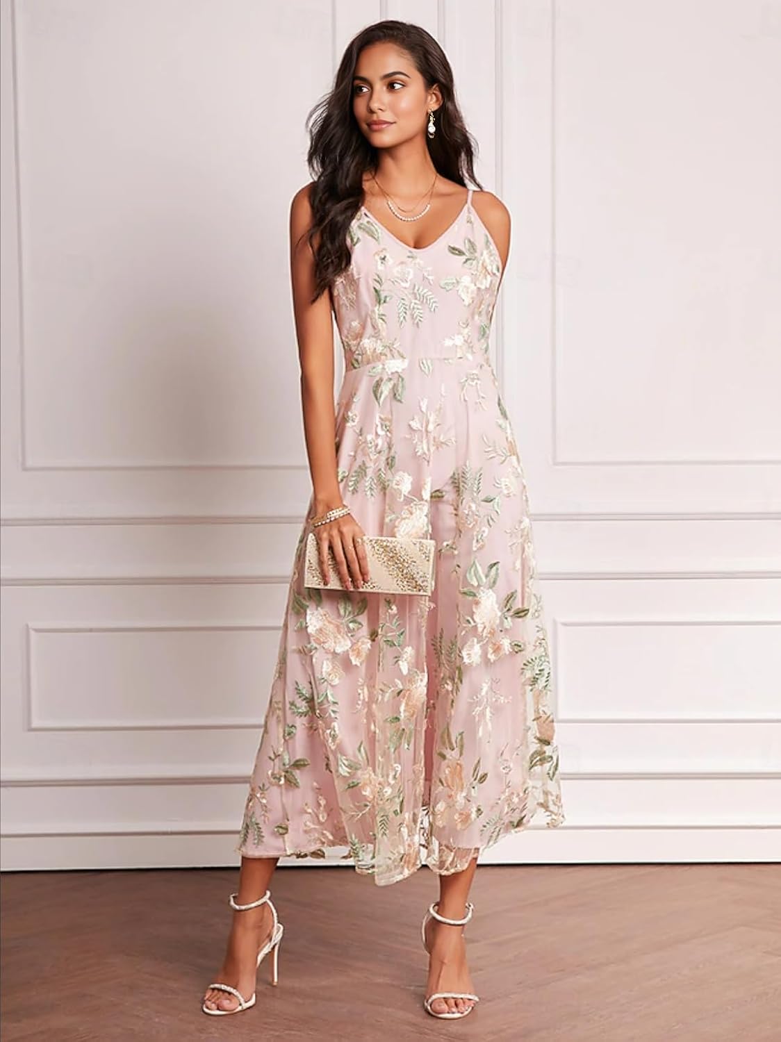 Women's Floral Embroidered Maxi Dress Elegant Two-Piece V Neck Mother of The Bride Dress Wedding Guest Dresses