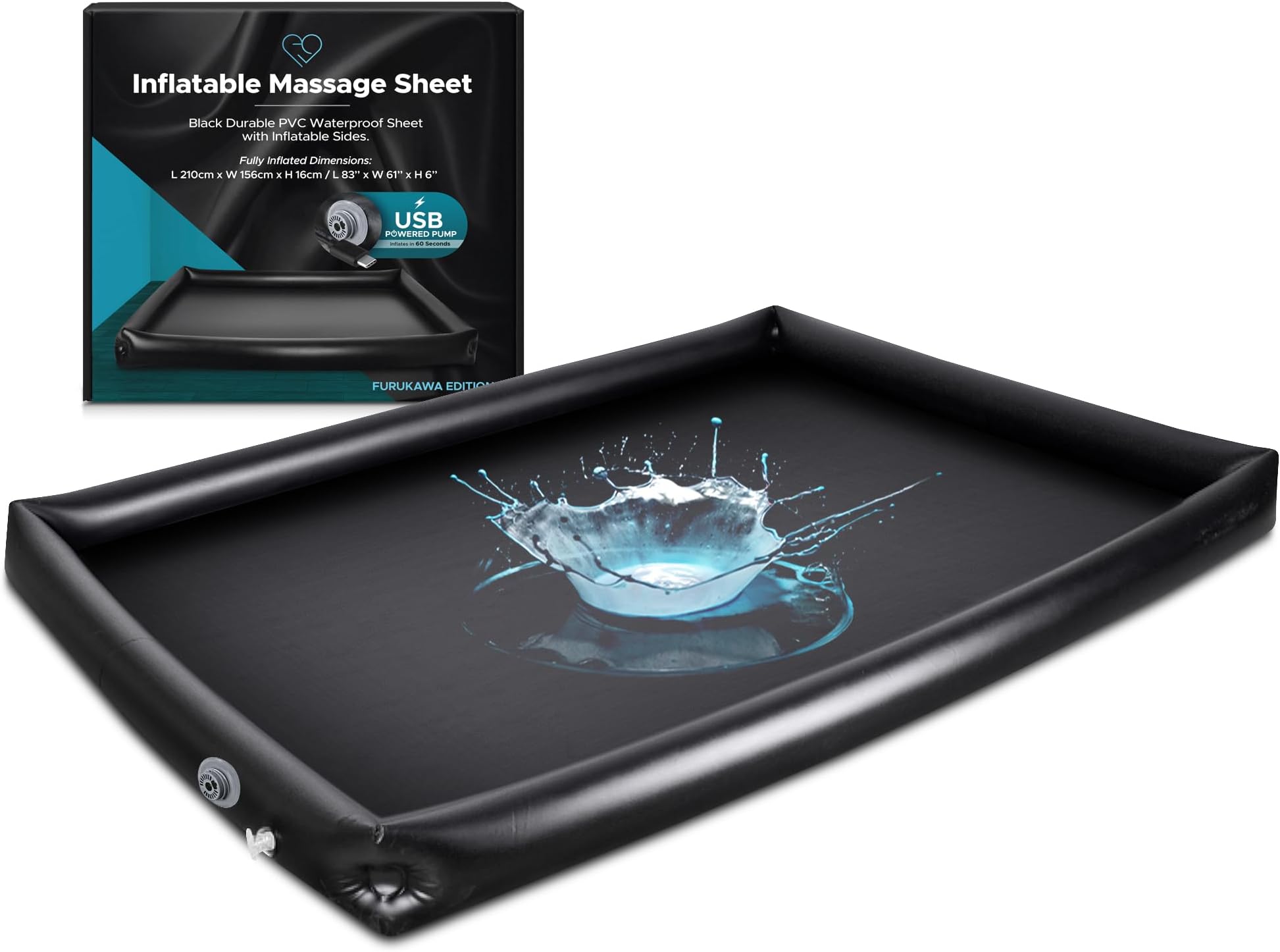 Inflatable Nuru Massage Sheet, Raised Sides, Self-Inflating USB-C Pump