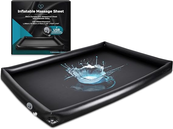 Inflatable Nuru Massage Sheet, Raised Sides, Self-Inflating USB-C Pump | Black waterproof vinyl body-slide mat, 210x156x16cm. USB-C pump, raised sides keep gel and water in. Wipe clean, packs flat