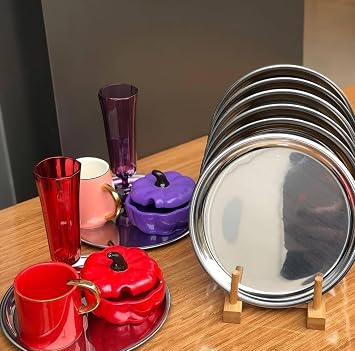 6 Adet Lüx Gümüş Paslanmaz Çelik Yuvarlak Çay,Kahve,Pasta Servis Tepsisi Sunum Tepsisi 21.5 cm