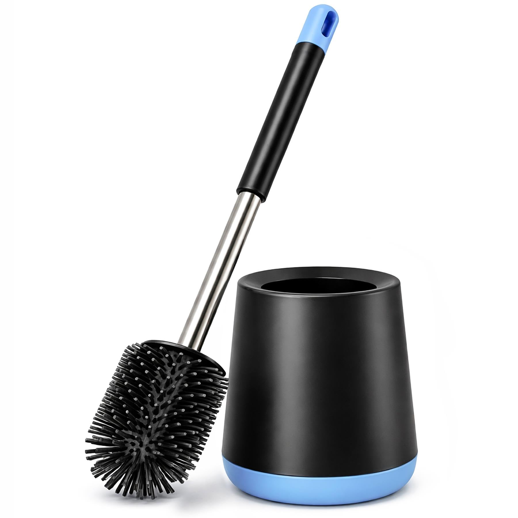 Premium Silicone Toilet Brush and Holder Set for Bathroom – 360° Flexible Non-Scratch TPR Bristles with Detachable Drip Tray - Hygienic Under-Rim Deep Cleaner - Sleek Black and Blue Design