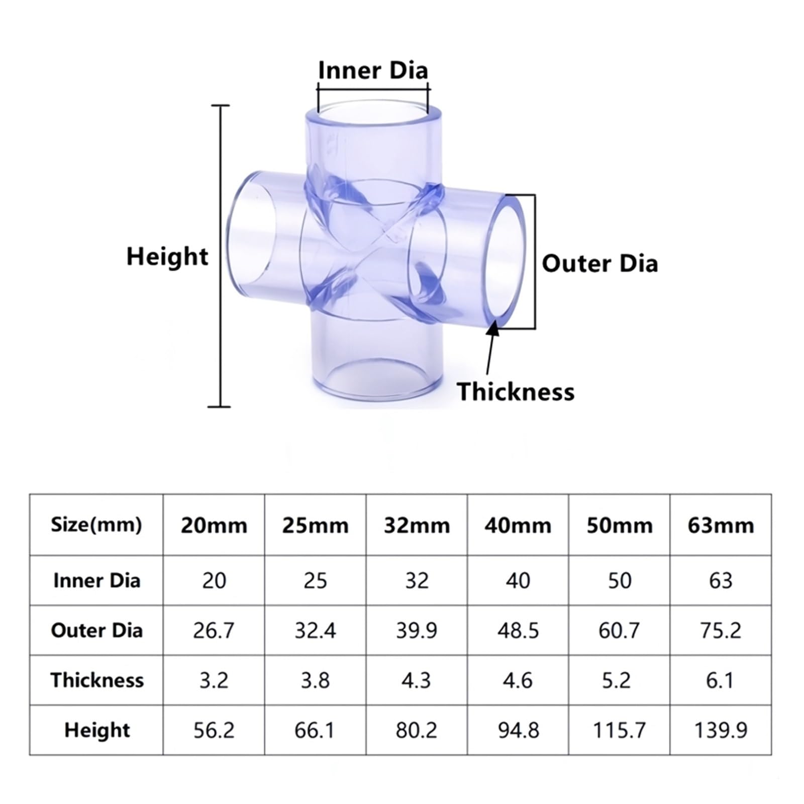 20~63mm Blu Trasparente UPVC Connettori for tubi Acquario Serbatoio di pesce Tubo drenaggio Raccordi rapidi irrigazione da giardino Valvola comune Adatto per tubi da piscina(Cross,50mm (1PC))