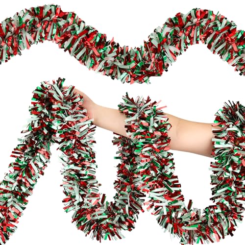 Image of 50FT Christmas Tinsel Garland, Red Green&White Metallic Twist Shiny Hanging Garland Ornaments for Christmas Tree, Party Supplies Thick Metallic Xmas Streamers