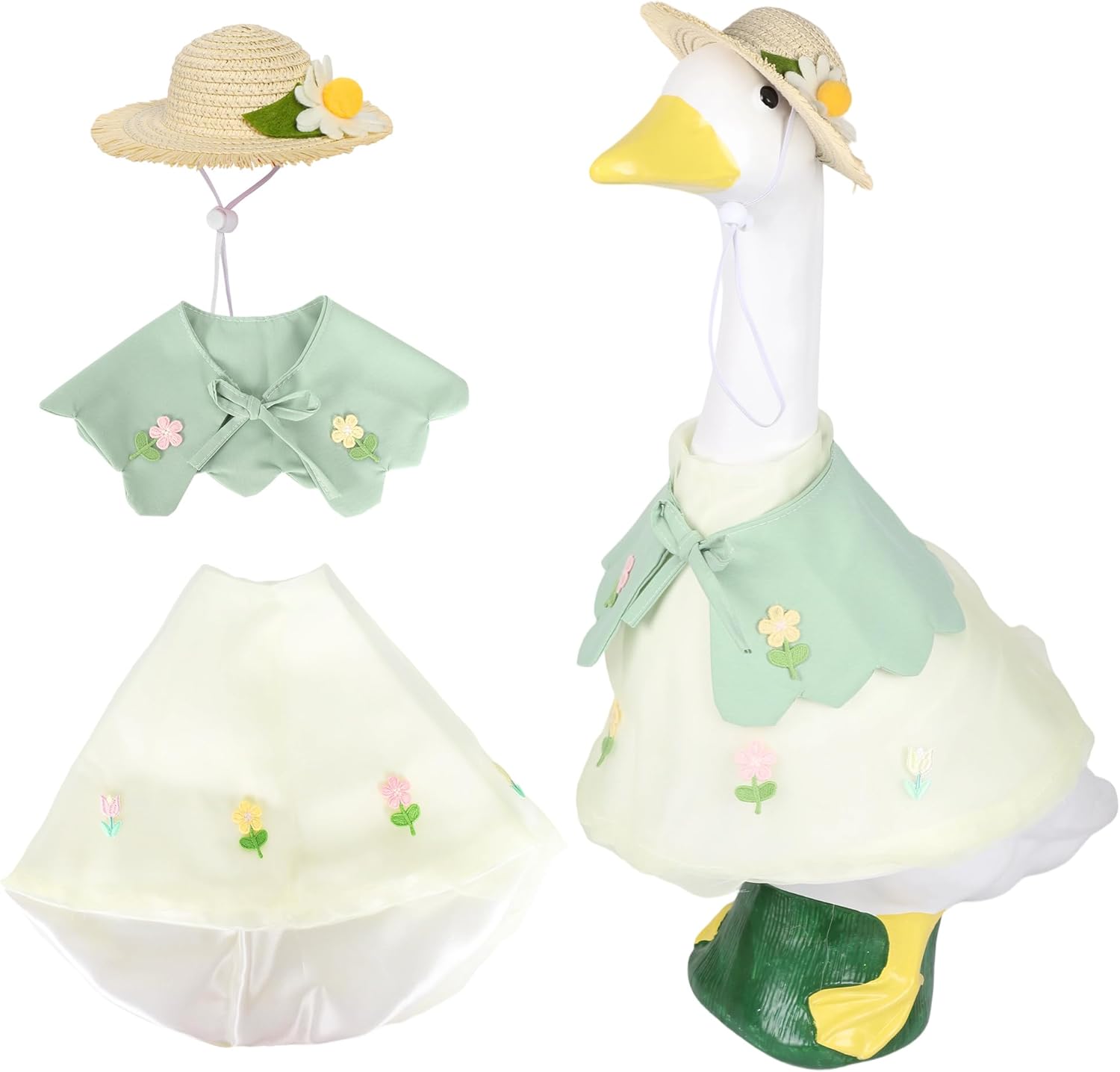 holoith 3 Pcs Spring Porch Goose Outfits for 23 inch Cement Goose Set, Outdoor Garden Statue with Adorable Gooses Outfit, Spring Garden Entrance Decoration, Includes Straw Hat, Collar, and Skirt