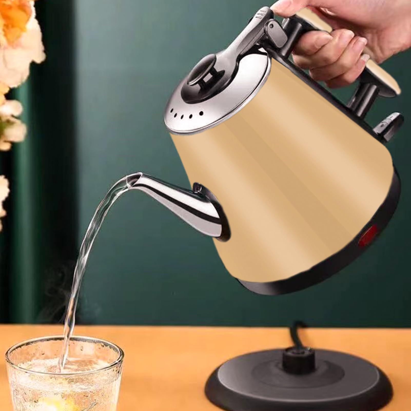 Hervidor eléctrico inalámbrico de acero inoxidable cepillado de 1,2 l, silencioso y de ebullición rápida, 1200 W, mango antiescaldaduras, pico vertedor perfecto, amarillo, talla única