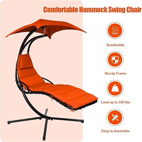 Miniatura 8 de Safstar - Silla hamaca con soporte, tumbona colgante con toldo extraíble y almohada integrada, columpio para colgar al aire libre, tumbona curva