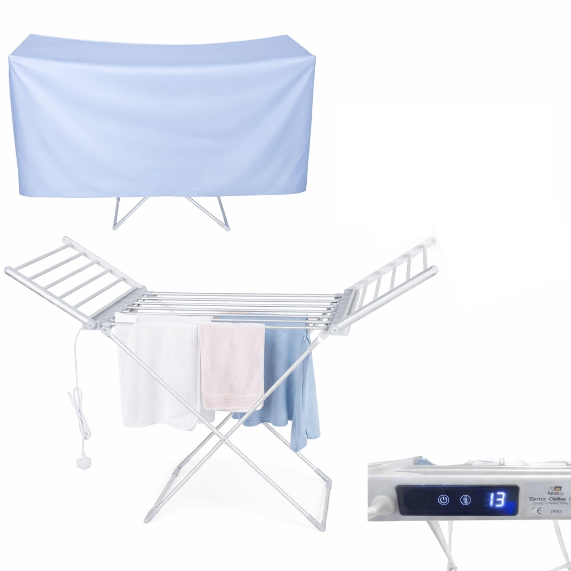 HOUSZY Foldable Electric Heated Clothes Airer with Cover, Touch Screen LED Display, Adjustable 30–60°C, 1–12h Timer, 20 Heated Bars, 230W