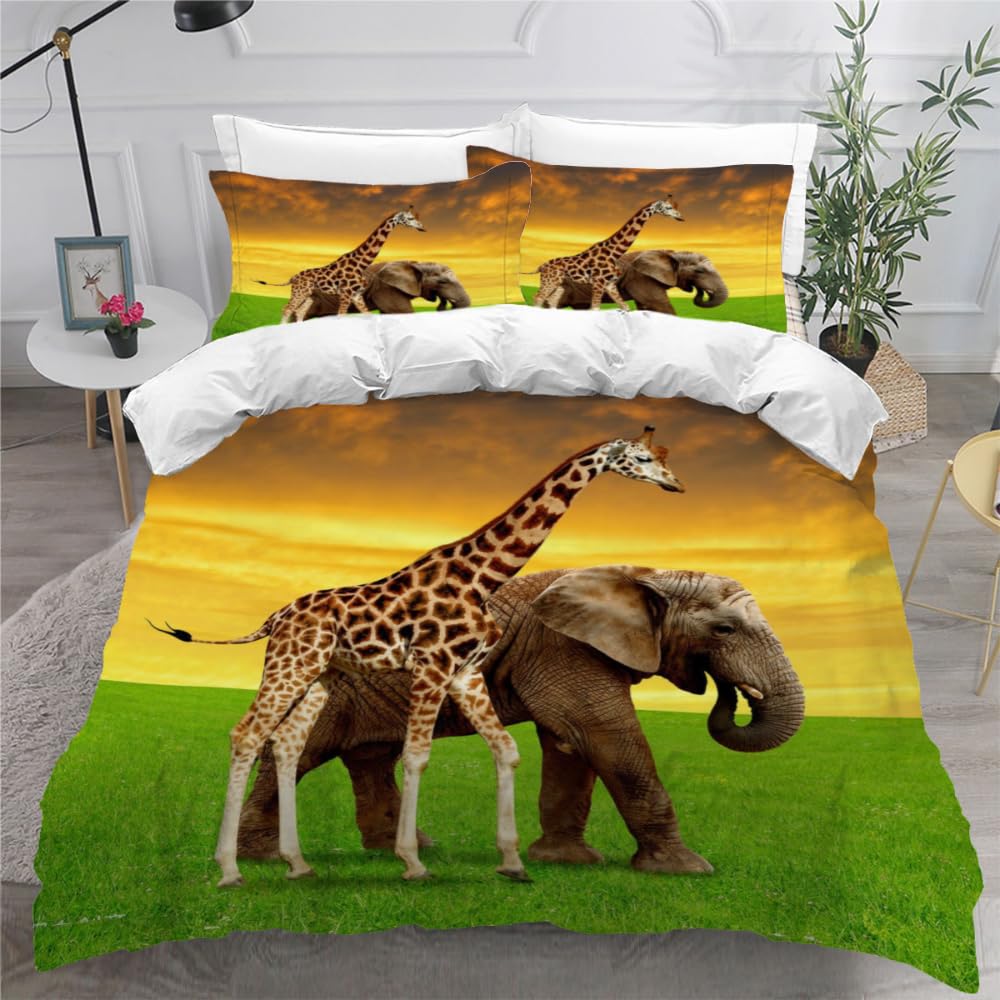 MEVASA Single Bed Kids Bedding Giraffe Elephant Duvet Cover Set Kids Girls Teens Boys Single Bedding African Wildlife Fluffy Microfiber Hypoallergenic Single Duvet Cover 3 Pieces /135x200