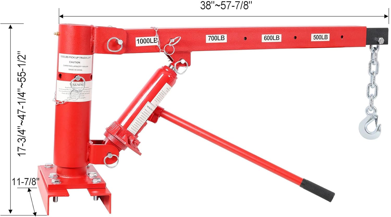 1000lbs Pickup Truck Crane, Hydraulic Hoist Lift, Adjustable Jib Crane, 360° Swivel Base, Heavy Duty Truck Bed Crane for Construction, Forestry, Factory, Red