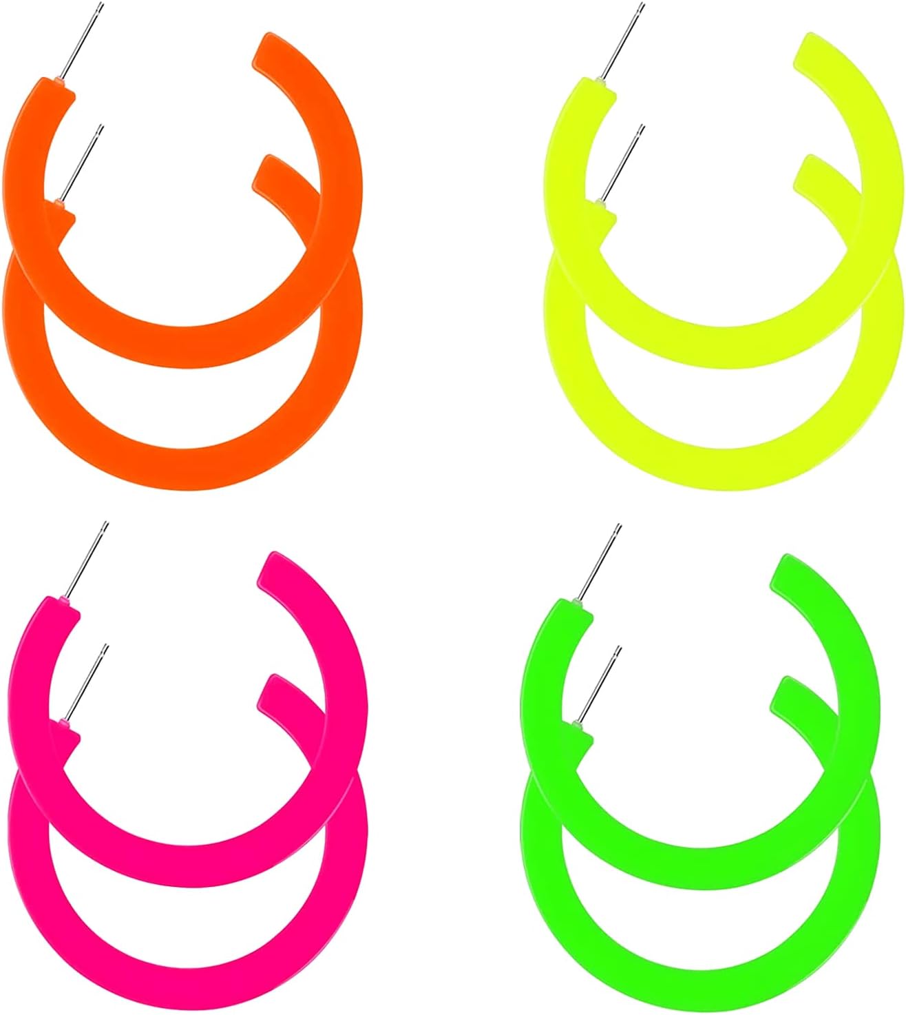 JELIEE 4 Pairs 80S Candy Color Acrylic Neon Round Earrings for Women Retro Colorful Hoop Stud Earrings Pendant for 80S Costume Dancing Party Accessory