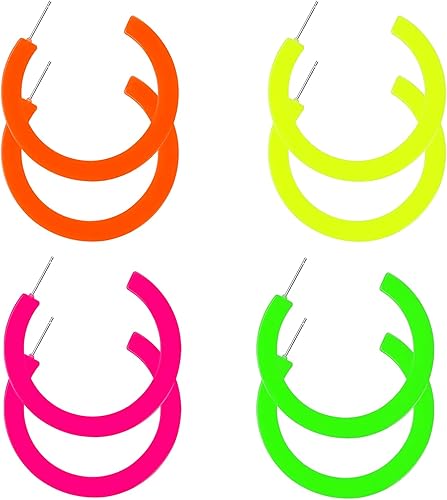 4 pares de aretes redondos de acrílico neón de los años 80 para mujer, aretes de aro retro coloridos para disfraz de los años 80, accesorio de