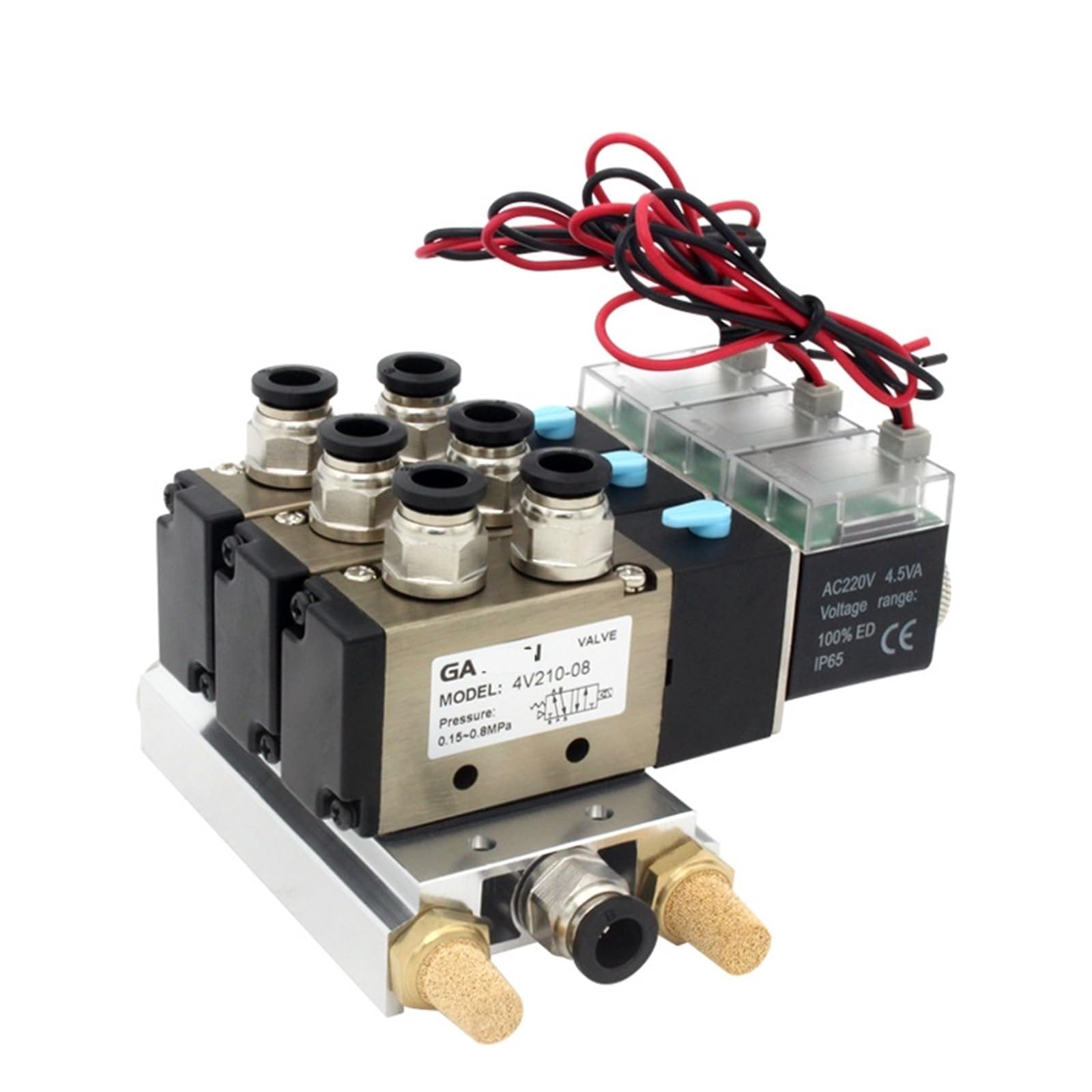 QRUYHBAJU 4V210-08 DC24V 12V AC220V AC110V 2 Positions 5 Way Quadruple Solenoid Valve Aluminum Base Fitting Mufflers Set 3 4 5 6 Stations 1Pcs(Ac110v 10mm Fittings)