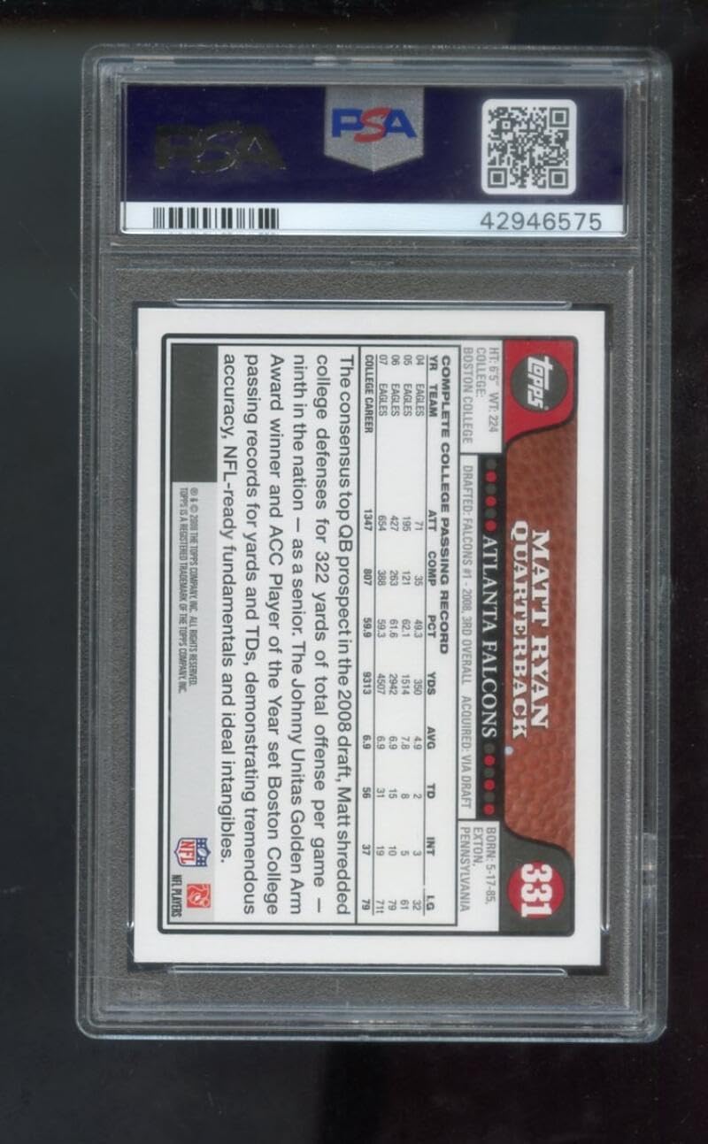 2008 Topps #331 Matt Ryan ROOKIE RC PSA 10 Graded Football Card NFL Atlanta Falcons