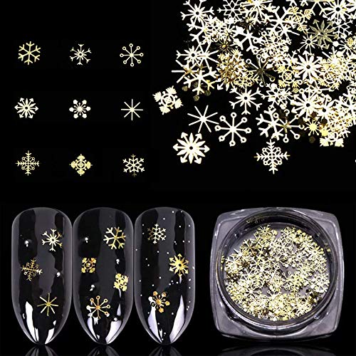 1 Box 90 Pcs Christmas Nail Art Glitters Snowflakes Gold Metal Nail Sequins 3D Nail Art Decals Xmas Glitters Nail Art Decoration Manicure Tips Gel Polish Accessories