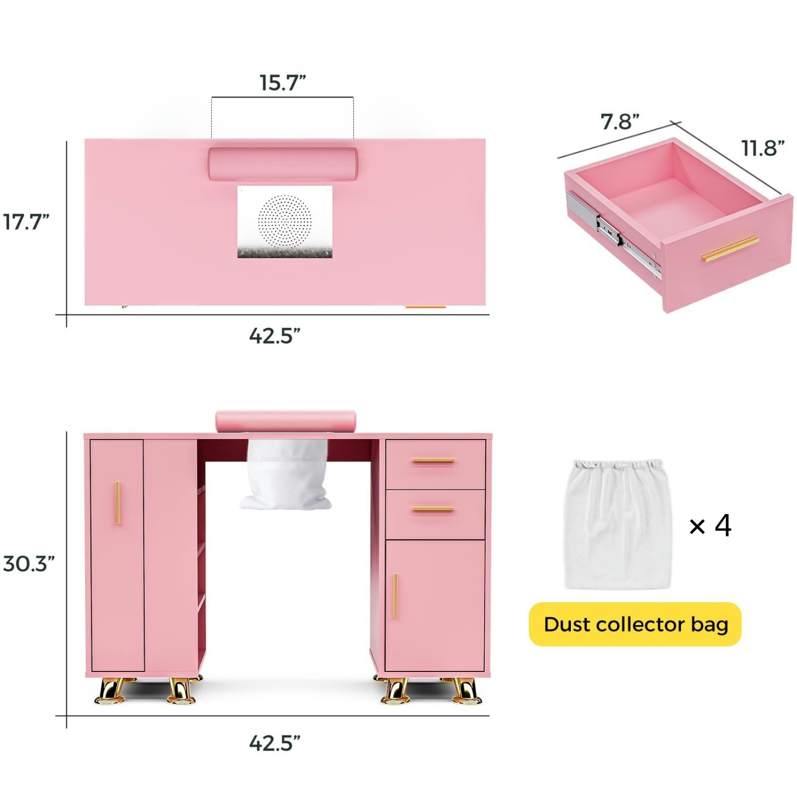 Manicure Table With Built-in Dust Collector&4 Dust Bag,Nail Desk With 2