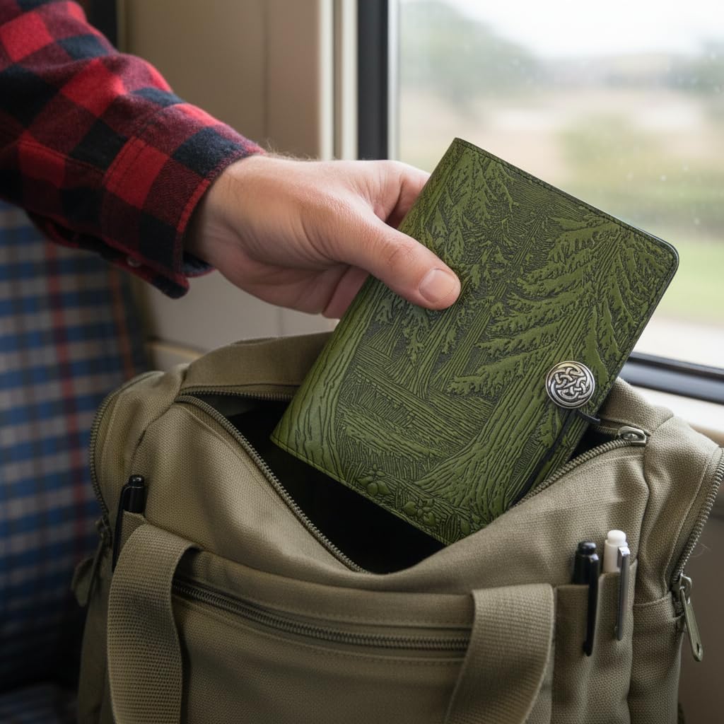 Modern Artisans Evergreen Forest American-Made Embossed Leather A5 Writing Journal Cover, 6 x 9-inch + Refillable Hardbound Insert Book