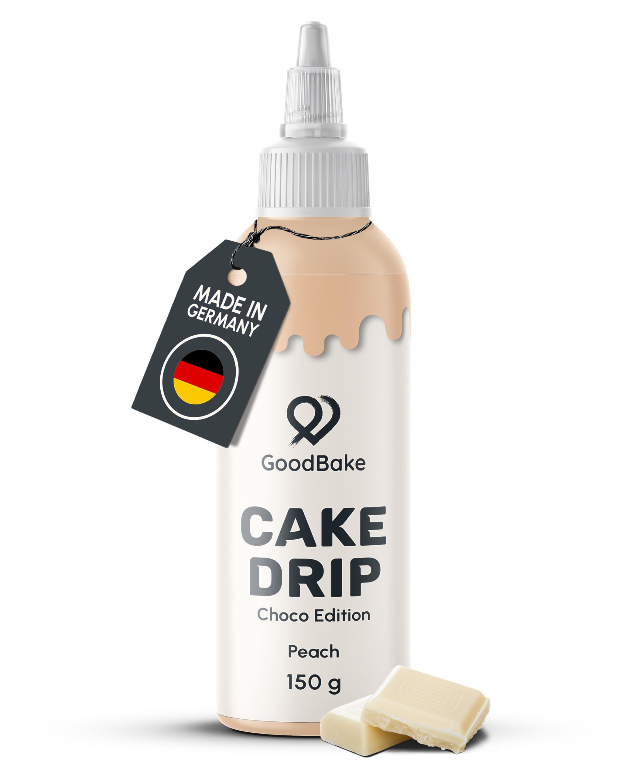 GoodBake Cake Drip Choco 150g Pfirsich | Schokoglasur zum Dekorieren & Verzieren von Torten, Cup Cakes & Keksen | Kuchenglasur glutenfrei | Tortendeko Made in Germany